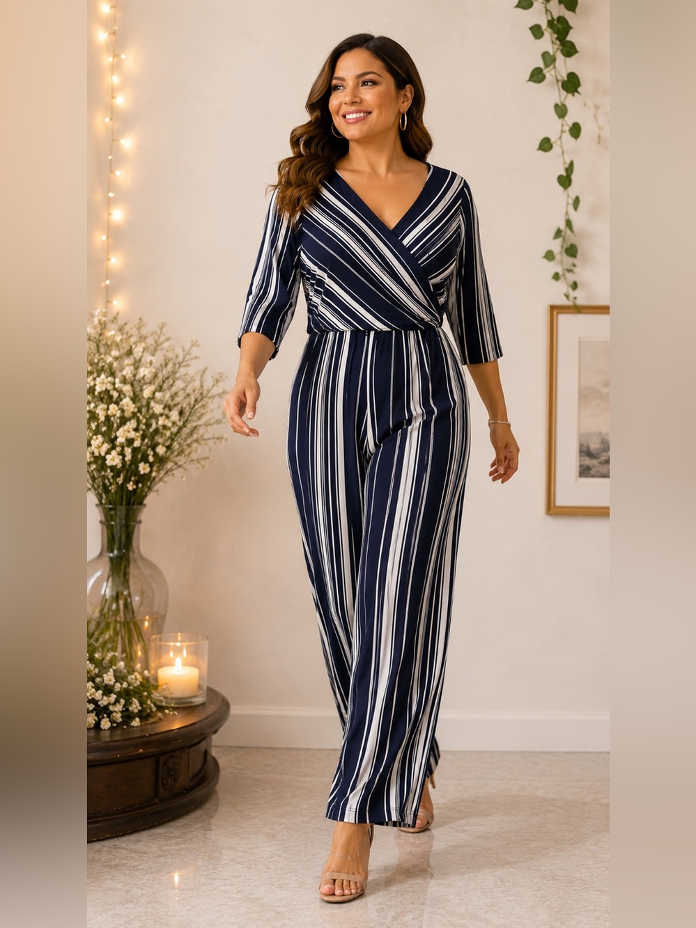 Emma & Michelle Navy Stripe Wrap Jumpsuit 3/4 Sleeve
